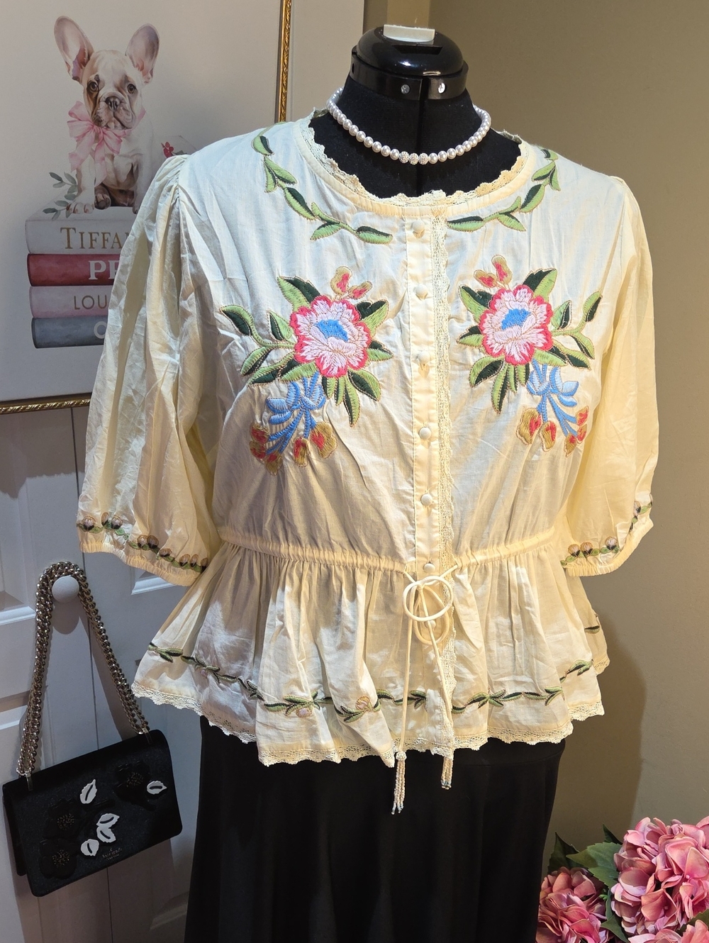 Nwt XL,L,M Jennifer&Grace Embroidered Cream/yellow  Peplum Tie-Waist Blouse - Picture 15 of 17